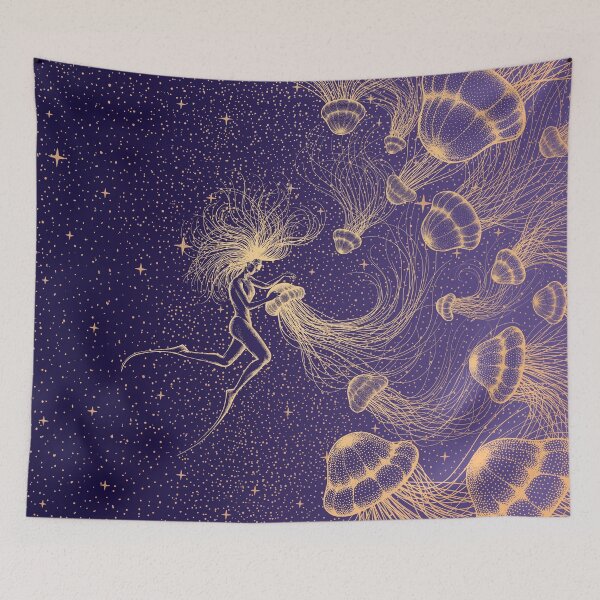 Item preview, Starry Jellyfish And Diver (Golden Lines & Purple Space) designed and sold by AlirizaCAKIR.
