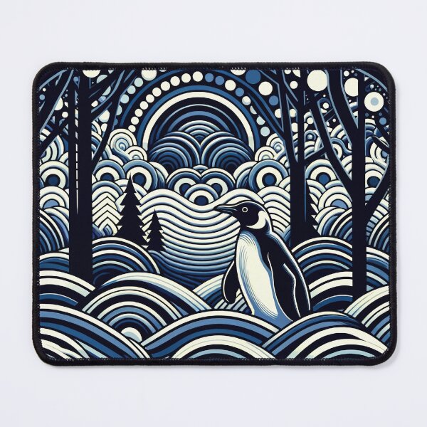 Aperçu de l'œuvre Forêt de forme abstraite bleu nuit d'hiver avec pingouin créée et vendue par PenguinForests.