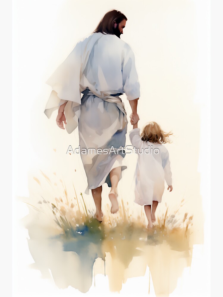 Thumbnail 3 of 3, Sticker, Divine Guidance - Jesus Christ walking with Child designed and sold by AdamesArtStudio.