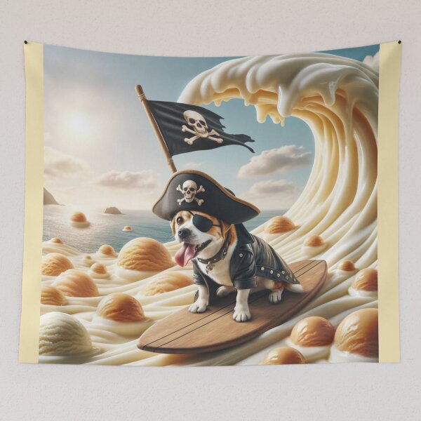Item preview, Brave dog in a pirate costume, including a black hat with a skull and crossbones, an eye patch, and a leather jacket designed and sold by AndreaMart.