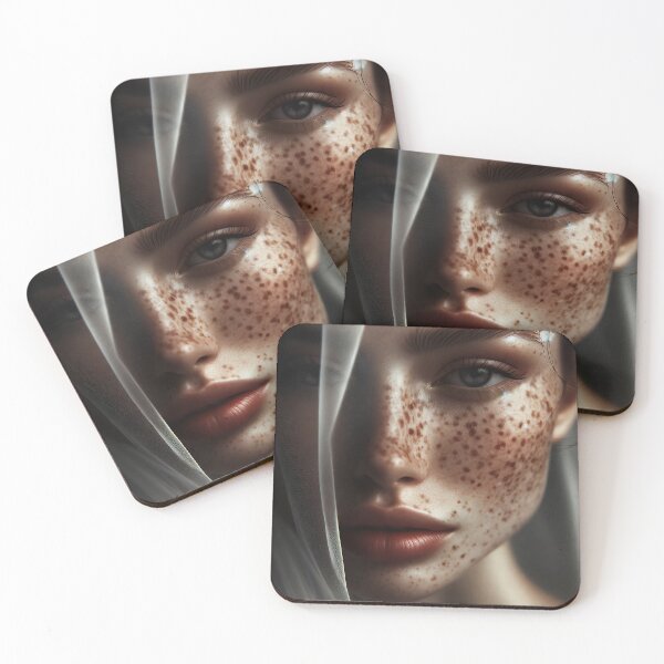 Item preview, Woman's face, half-veiled by a sheer fabric, highlighting the intricate patterns of her freckles designed and sold by AndreaMart.