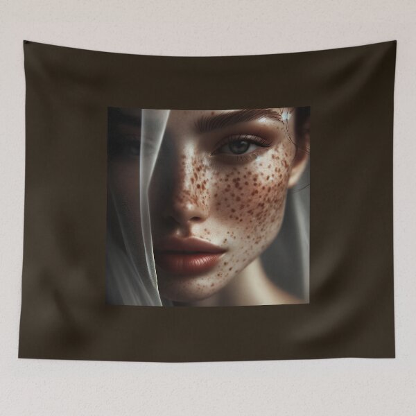 Item preview, Woman's face, half-veiled by a sheer fabric, highlighting the intricate patterns of her freckles designed and sold by AndreaMart.