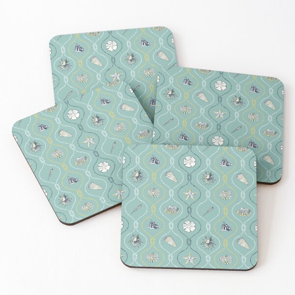 Item preview, Navy blue hand painted Seashells in nautical rope knots on teal small designed and sold by opeachyday.