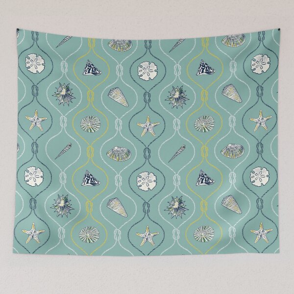 Item preview, Navy blue hand painted Seashells in nautical rope knots on teal small designed and sold by opeachyday.