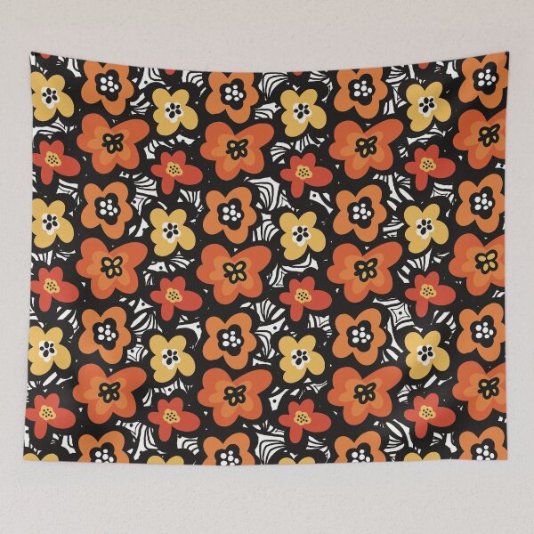 Item preview, Fun retro flowerpattern in 1970-style, with yellow,red, orange and black flowers designed and sold by marina63.