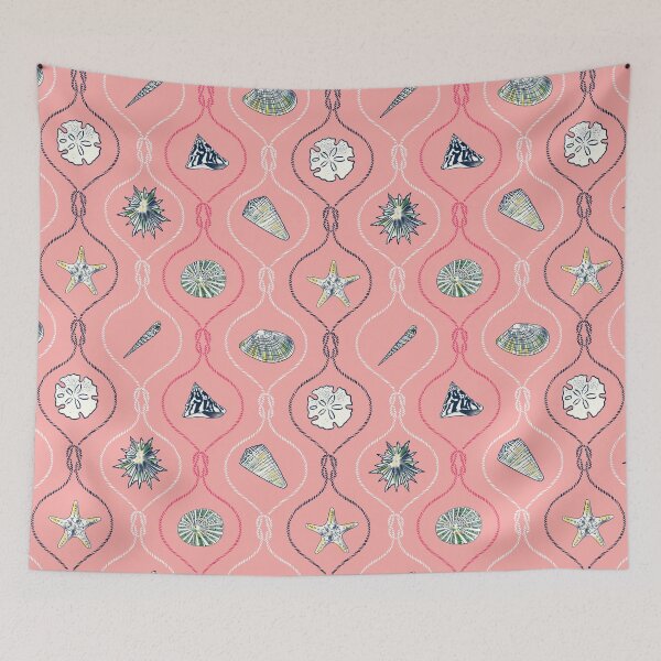 Item preview, Navy blue hand painted Seashells in nautical rope knots on pink small designed and sold by opeachyday.