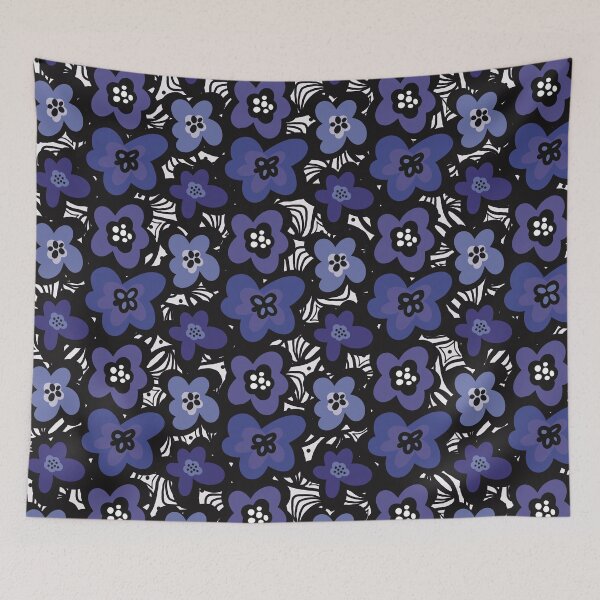 Item preview, Fun retro flowerpattern in 1970-style, with blue, violet and black flowers designed and sold by marina63.