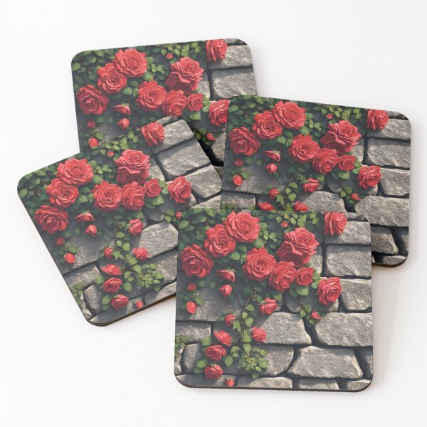 Item preview, RED CLIMBING ROSES ON STONE WALL 107 designed and sold by Ciervo Primavera.