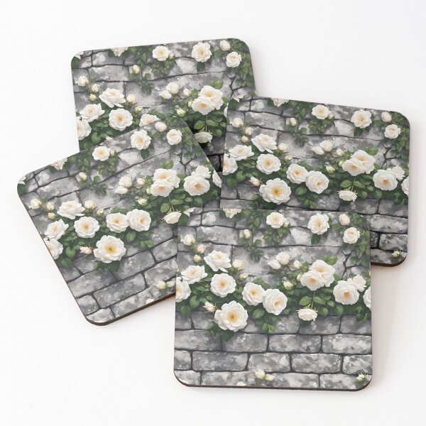 Item preview, White climbing roses on stone wall 104 designed and sold by Ciervo Primavera.
