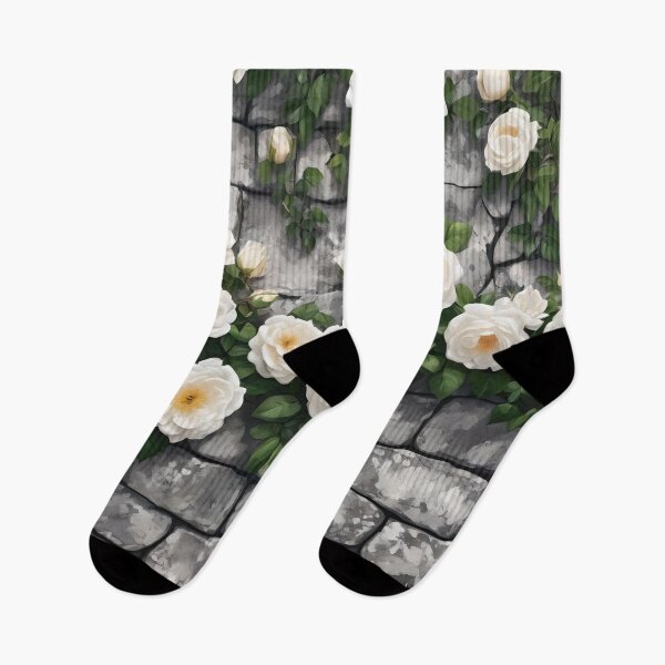 Item preview, White climbing roses on stone wall 104 designed and sold by Ciervo Primavera.