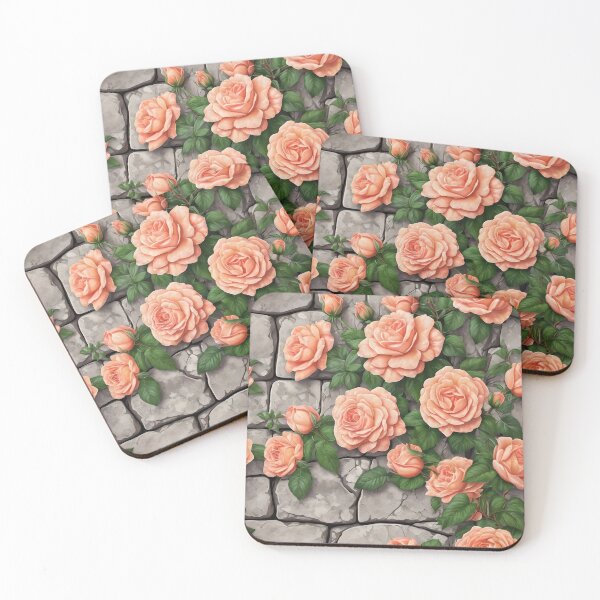 Item preview, PEACH CLIMBING ROSES ON STONE WALL 101 designed and sold by Ciervo Primavera.