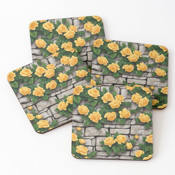 Item preview, YELLOW CLIMBING ROSES ON STONE WALL 100 designed and sold by Ciervo Primavera.