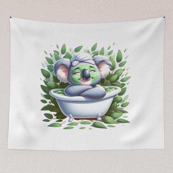 Artikelvorschau, Koala genießt ein entspannendes Bad zwischen Eukalyptusblättern. Illustration entworfen und verkauft von vk09.