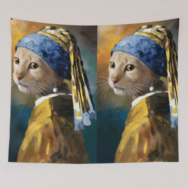 Item preview, Cat with a pearl Earring - remake of Girl with a pearl Earring by Vermeer designed and sold by EmeraldeaArt.