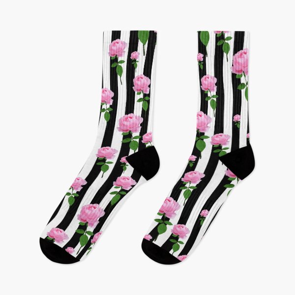 Aperçu de l'œuvre Rayures noires et blanches avec des fleurs roses roses créée et vendue par PatternTitan.