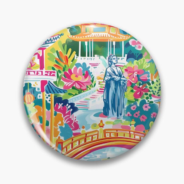 Item preview, Pink cat in preppy chinoiserie garden designed and sold by SophieClimaArt.