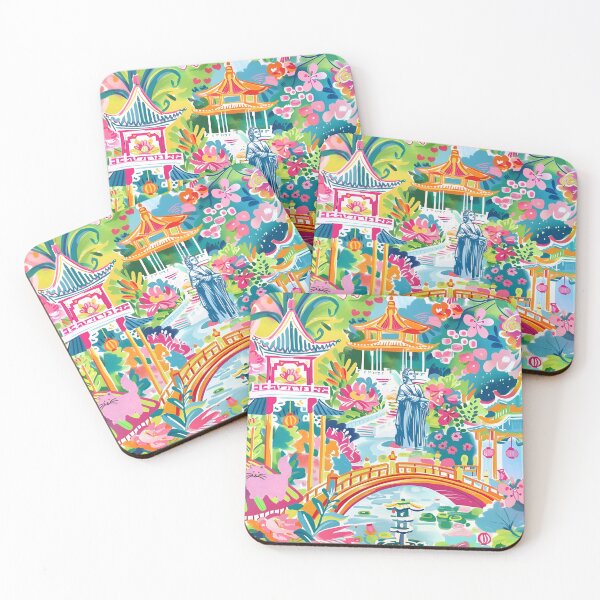 Item preview, Pink cat in preppy chinoiserie garden designed and sold by SophieClimaArt.