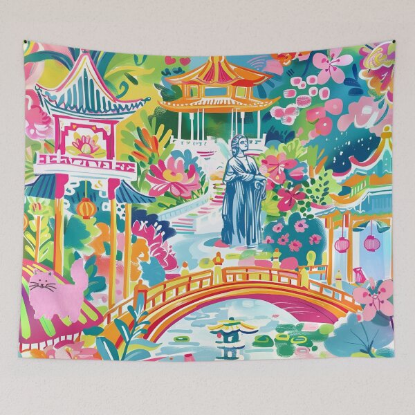 Item preview, Pink cat in preppy chinoiserie garden designed and sold by SophieClimaArt.