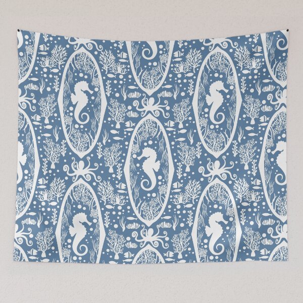 Item preview, Victorian Seahorse Damask Blue and white Cameo designed and sold by PerlaDesignArt.