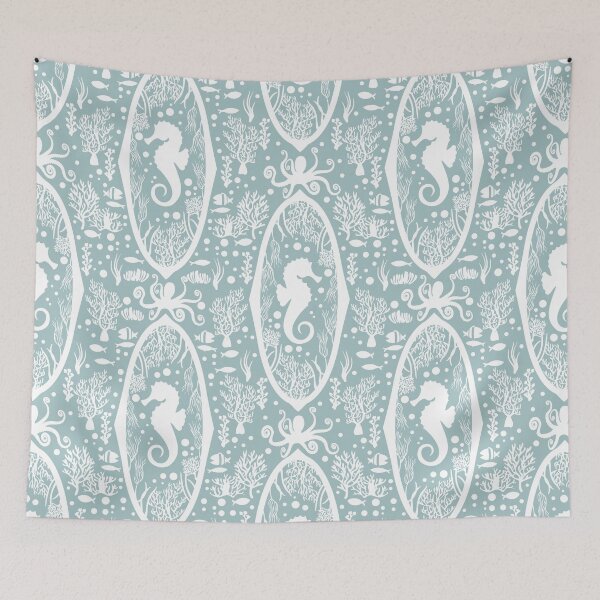 Item preview, Victorian Seahorse Damask light green and white Cameo designed and sold by PerlaDesignArt.