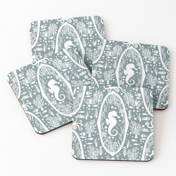 Item preview, Victorian Seahorse Damask Green and white Cameo designed and sold by PerlaDesignArt.