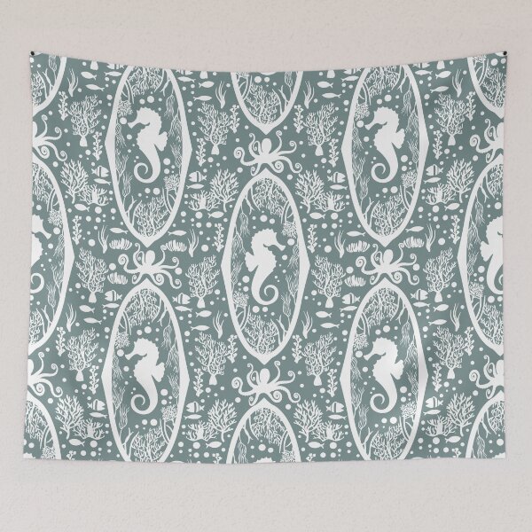 Item preview, Victorian Seahorse Damask Green and white Cameo designed and sold by PerlaDesignArt.