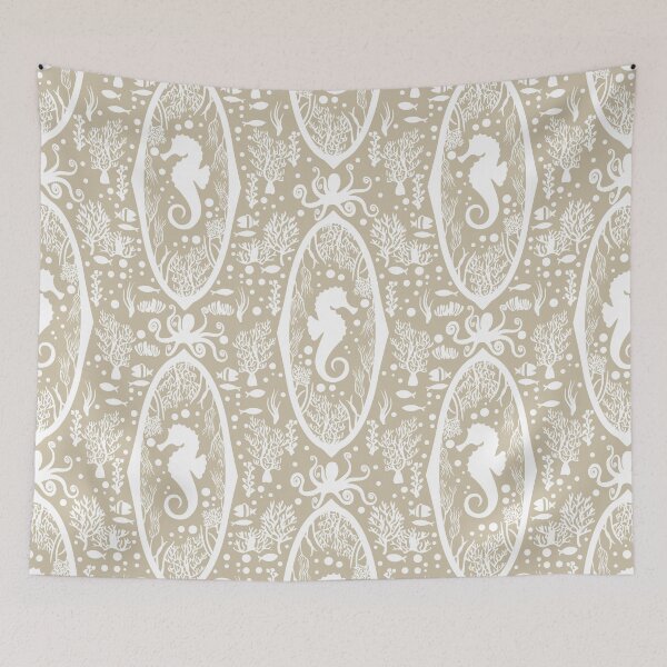 Item preview, Victorian Seahorse Damask sand and white Cameo designed and sold by PerlaDesignArt.