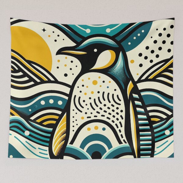 Item preview, Mustard Yellow Teal Blue Penguin In Abstract Waves Pattern designed and sold by PenguinForests.