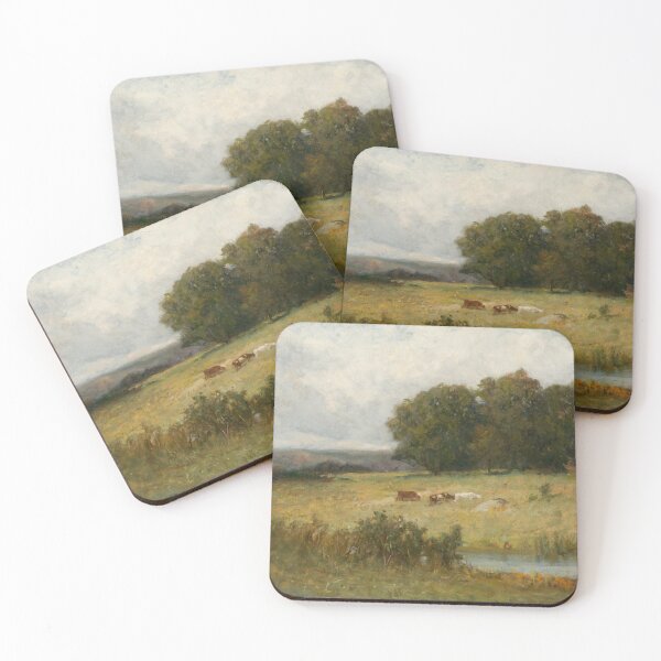 Item preview, Vintage Pastoral Cows in Farm Field Landscape Oil Painting designed and sold by Vintage Wall Art.