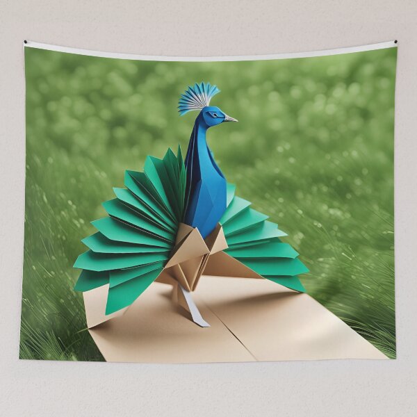 Item preview, Origami Art - Graceful Elegance: Peacock Preening Amidst Verdant Grass designed and sold by ArtfulFolds.
