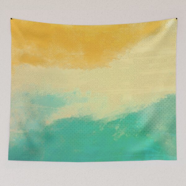 Aperçu de l'œuvre Brume de rêve peinte sur le sable et la mer en jaune, orange et turquoise créée et vendue par NoaaDesign.