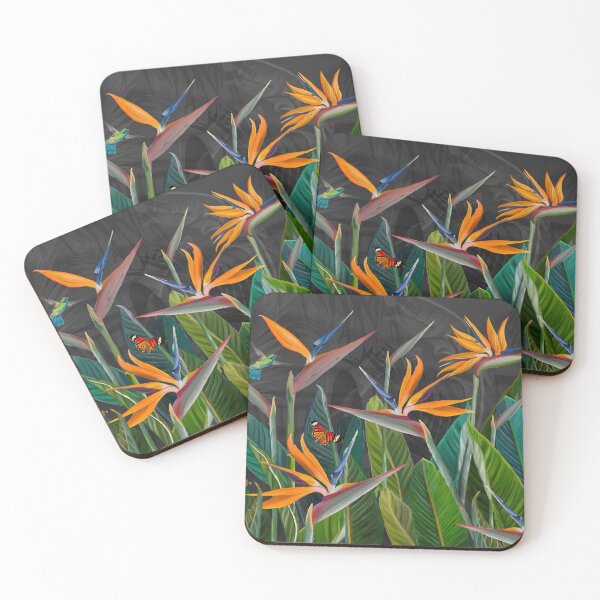 Item preview, pattern tropical forest style wallpaper with flower, plants, birds, butterflies and dark background designed and sold by hAITHAM1985.