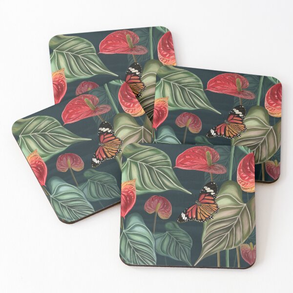 Item preview, Tropical pattern background of anthurium flowers, red flower with leaves, plants with butterflies on dark blue background designed and sold by hAITHAM1985.