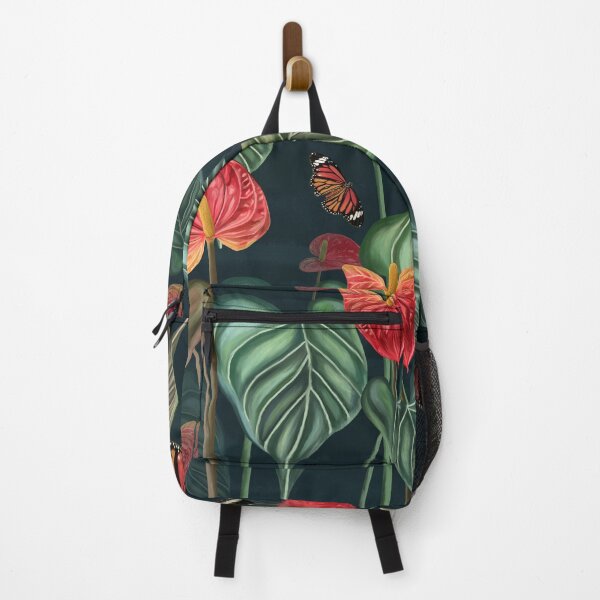 Item preview, Tropical pattern background of anthurium flowers, red flower with leaves, plants with butterflies on dark blue background designed and sold by hAITHAM1985.