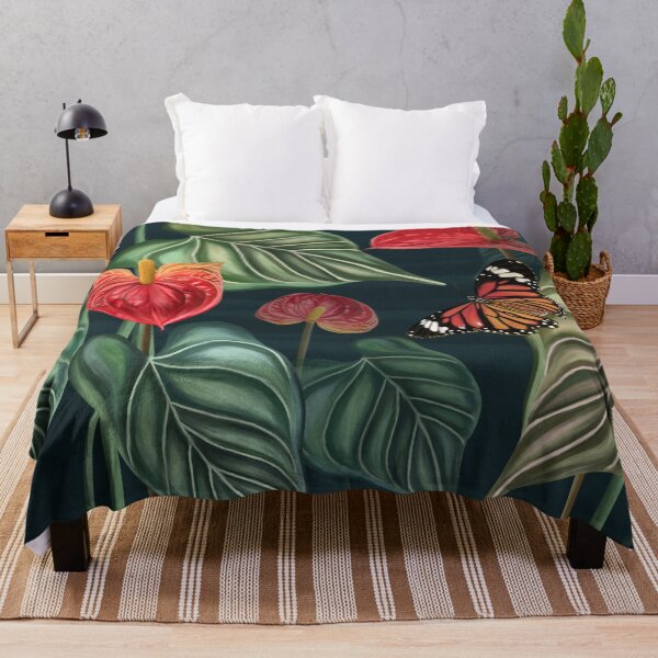 Item preview, Tropical pattern background of anthurium flowers, red flower with leaves, plants with butterflies on dark blue background designed and sold by hAITHAM1985.