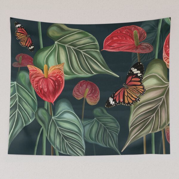 Item preview, Tropical pattern background of anthurium flowers, red flower with leaves, plants with butterflies on dark blue background designed and sold by hAITHAM1985.