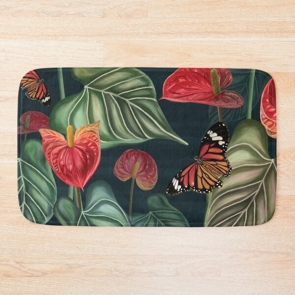 Item preview, Tropical pattern background of anthurium flowers, red flower with leaves, plants with butterflies on dark blue background designed and sold by hAITHAM1985.