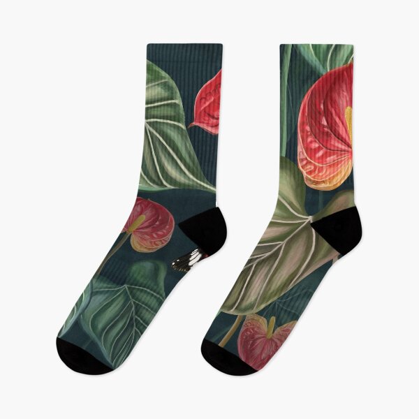 Item preview, Tropical pattern background of anthurium flowers, red flower with leaves, plants with butterflies on dark blue background designed and sold by hAITHAM1985.