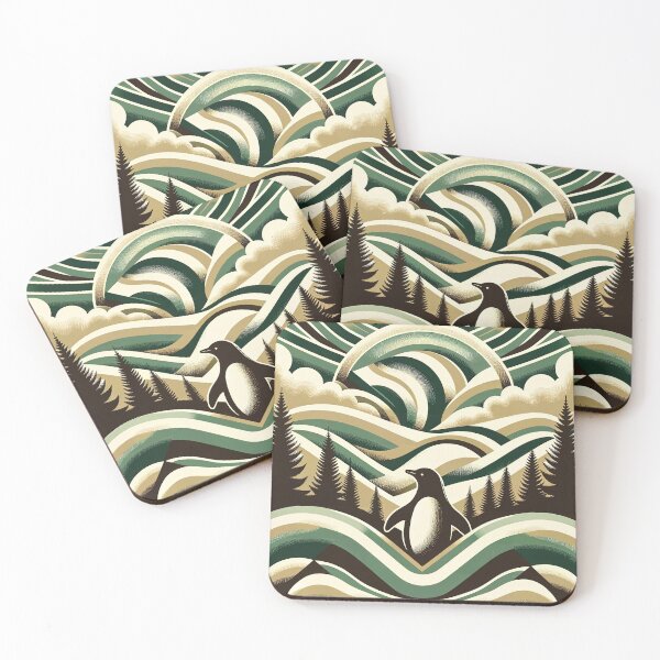 Item preview, Olive Green Cream Retro Art Deco Waves Penguin Tree Forest Hill Silhouette designed and sold by PenguinForests.