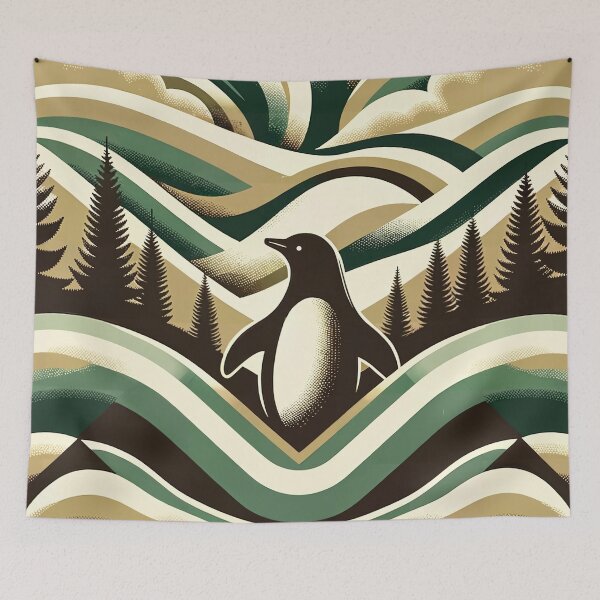 Item preview, Olive Green Cream Retro Art Deco Waves Penguin Tree Forest Hill Silhouette designed and sold by PenguinForests.