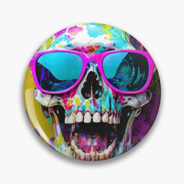 Item preview, Vibrant portrait of a smiling skull wearing sunglasses and paint splattering effect designed and sold by mystiquelicorne.