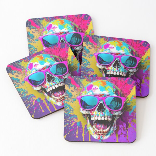Item preview, Vibrant portrait of a smiling skull wearing sunglasses and paint splattering effect designed and sold by mystiquelicorne.
