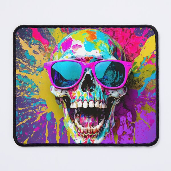 Item preview, Vibrant portrait of a smiling skull wearing sunglasses and paint splattering effect designed and sold by mystiquelicorne.