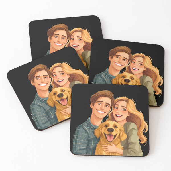 Item preview, Beautiful illustration of a cute golden retriever dog breed and a female and male owner, golden retriever mom and dad designed and sold by PictureUp.