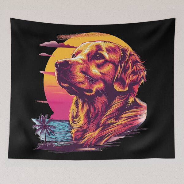 Item preview, Retro or vintage golden retriever dog breed head artwork with sunset, sea and palm tree designed and sold by PictureUp.