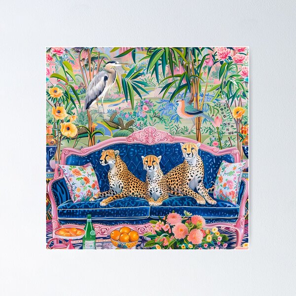Item preview, Three cheetahs on velvet sofa in chinoiserie interior designed and sold by SophieClimaArt.