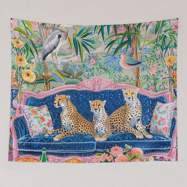 Item preview, Three cheetahs on velvet sofa in chinoiserie interior designed and sold by SophieClimaArt.