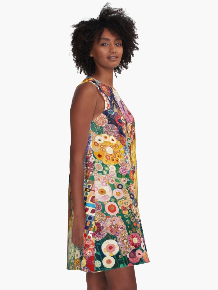 Thumbnail 2 of 4, A-Line Dress, Gustav Klimt Flowers designed and sold by maniacfitness.