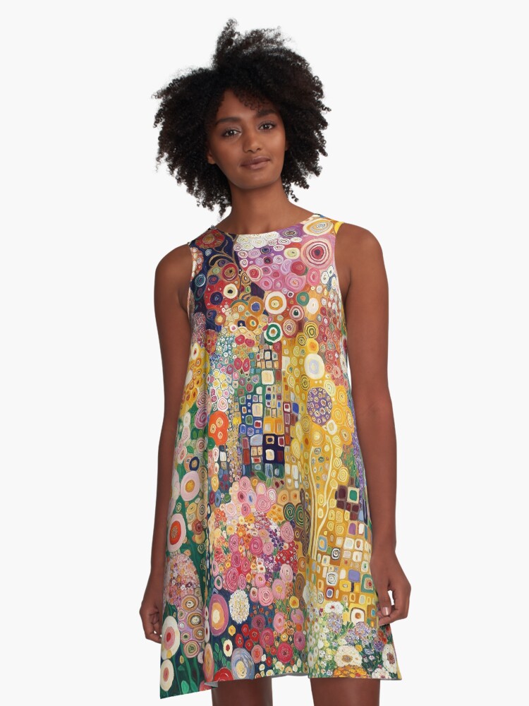 Thumbnail 1 of 4, A-Line Dress, Gustav Klimt Flowers designed and sold by maniacfitness.
