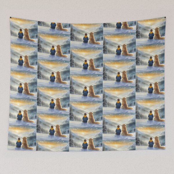 Item preview, boy and his golden retriever dog on a snowy day looking out at the mountains and trees designed and sold by planetgolden.